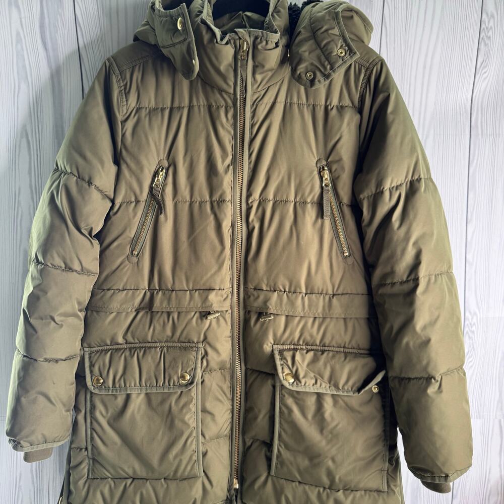 J Crew Chateau Olive/Army Green Brass Puffer Jacket Size Small